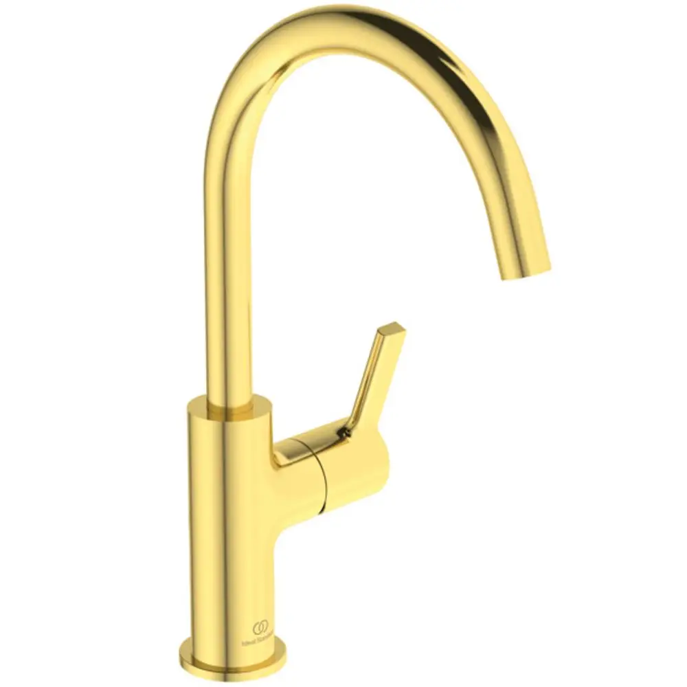 Waschtischarmatur in gebürstetem Gold mit hohem Auslauf und seitlichem Hebel, produziert von Ideal Standard. Elegant und funktional für moderne Badezimmer.